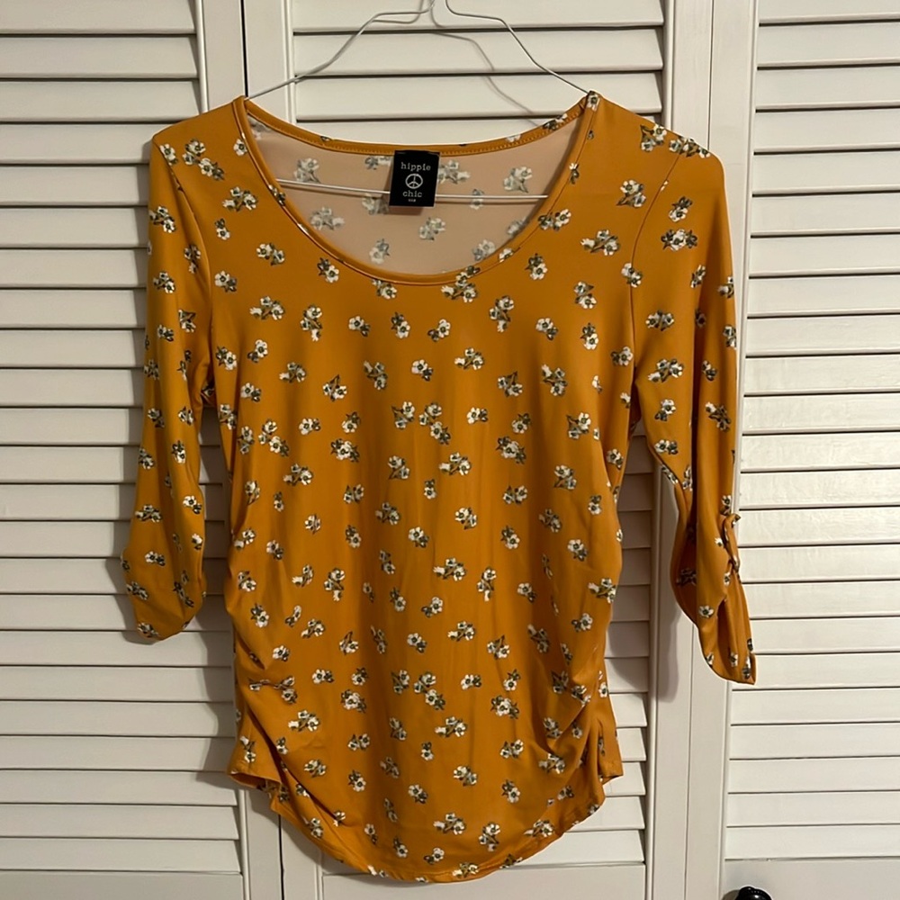 Hippie Chic Mustard Floral 3/4 Sleeve Top Size Small EUC
